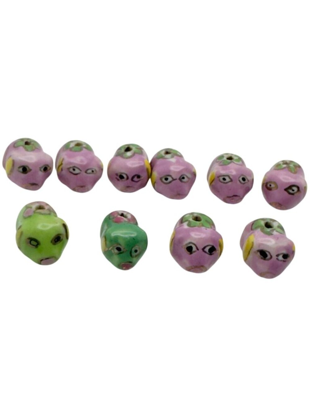 Hand-Painted Ceramic Green Pink Pig Beads Set Of 10